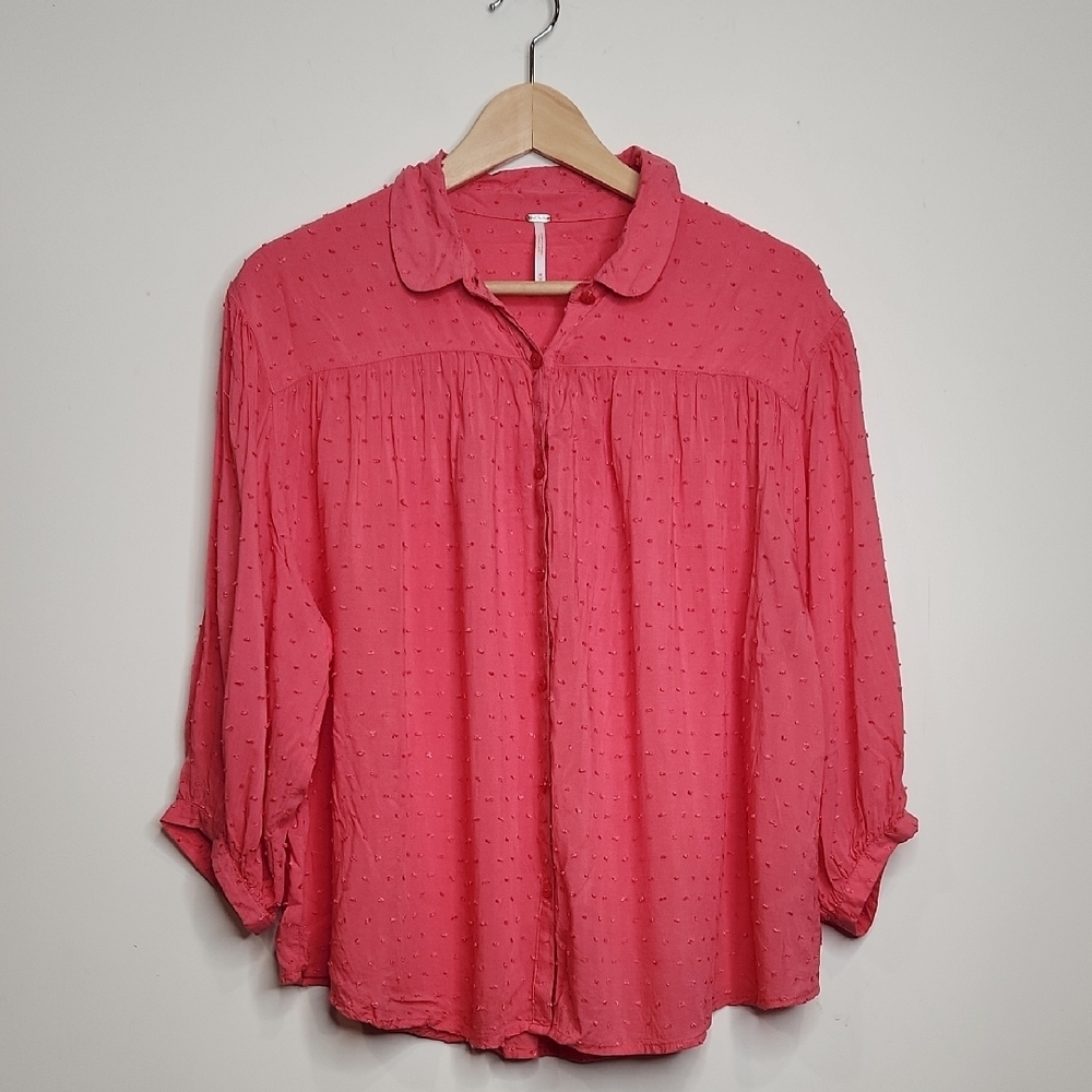 Free People Dark Dusty‎ Pink, Textured Button Up Swiss Dot Blouse Women Size m